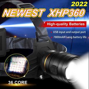 Faróis novos xhp360 farol poderoso de 36 núcleos xhp220 d usb lanterna 7800mah farol lanterna recarregável zoom tocha luz 8000000lm hkd230719