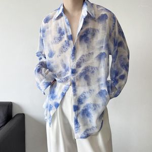 Men's Casual Shirts Summer Long Sleeved Shirt Men Fashion Society Mens Dress Korean Loose Ice Silk Oversized Printed M-XL