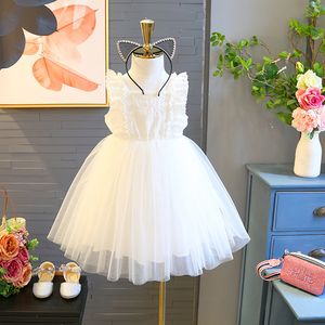 Lindo vestido de menina branco sem mangas rendado tule vestido de princesa bebê menina vestido de verão roupas infantis para 2 3 4 5 6 anos crianças menina