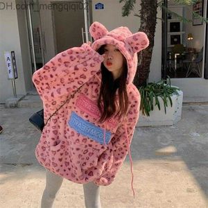 Women's Hoodies Sweatshirts Women's Hoodies Sweatshirts Towel Embroidery Design Sense Leopard Lamb Wool Hoodie Winter Small Loose Coat Women Rac Z230719