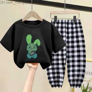 Clothing Sets Summer Baby Boys and Girls Clothing Children's Cotton T-shirt Trouser Set Cartoon Rabbit Top and Black and White Plaid Button Set Casual Wear Z230719