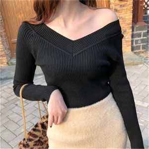 Frauenpullover Frauen gestrickt und Pullover Mode Slim Sexy V-Ausschnitt Schulterfrei Strickoberteile Solide Bottoming Jumper Pull Femme Z3516