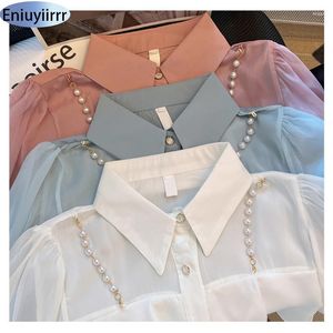 Damenblusen Perlenoberteile 2023 Frauen Sommer Kurzarm Elegante Bürodame Arbeit Blau Rosa Weiß Basic Button Shirt