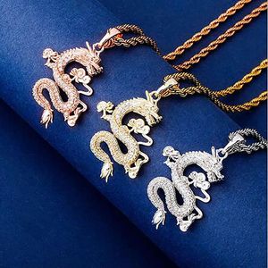 Colar com pingente de dragão chinês fosco ouro 14K pingente Cz Bling masculino hip hop micropave zircônia cúbica diamantes simulados 285s