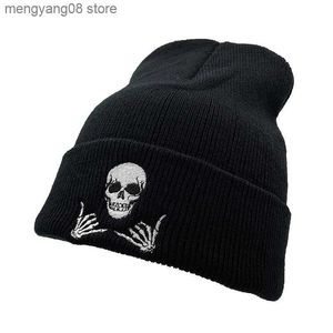 Beanie/Skull Caps Winter Embroidery Skull Gestures 66 Acrylic Knit Beanies Hat for Men Women Outdoor Mountaineering Warming Cold Caps Youth W193 T230719