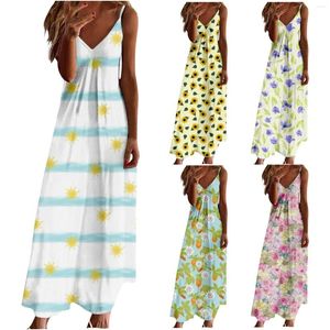 Casual Dresses Women's Spaghetti Strap Dress Trendy Sleeveless Floral Print Stretchy Maxi V Neck Comfy Backless Ankle