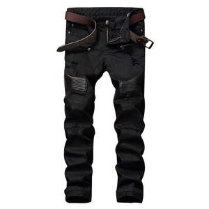 Projektant mody Męki Rowerzowe dżinsy skórzane patchwork Slim Fit Black Moto Denim Joggers dla męskich dżinsów Pants192a