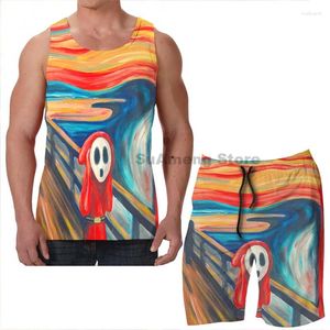 Herrespår sommar roliga tryck män tank tops kvinnor blyg kille skrik strand shorts set fitness väst