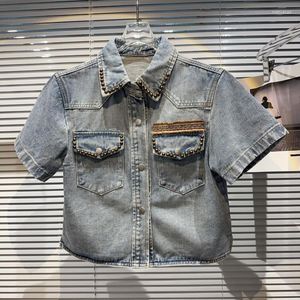 Kadınlar bluzlar borvemays denim gömlek kadın sokak kişilik metal perçin yaka kısa kollu patchwork yaz wz3057