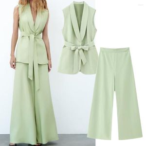 Kvinnors tvåbitar byxor maxdutti 2023 franska modekontor sätter kvinnor damer hög midja ljusgrön kostym väst bred ben kvinnlig
