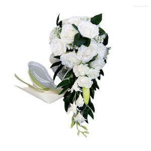 Bröllopsblommor Teardrop Romantisk brud Long Bouquet Artificial Rose med band Vattenfall Bunch Diy Party Decoration