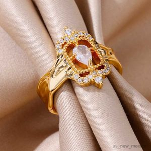 Band Rings Luxury Teardrop Zircon Rings for Women Gold Color Adjustable Stainless Steel Ring New in Elegant Wedding Jewelry mujer R230719