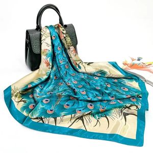 Square Shawl Scarf Peacock Print Sun Protection Headscarf Imitate Silk Satin Pashmina Scarves Beach Stoles Hijab Bandanas SALK