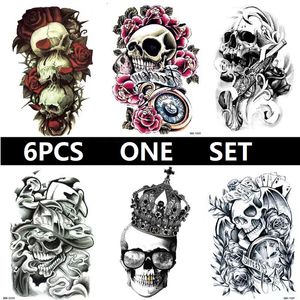 6 PCS Black Skull Tattoo Sticker For Men Women Death Skull Tatuagens Temporárias Arte Corporal Braço Falso Tatuagem Homem Tatuajes Temporais 21cm