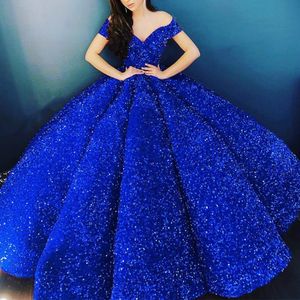 Urban Sexy Dresses Sparkly Royal Blue Quinceanera 2023 Elegant Off Shoulder Sequin Ruffle Puffy Ball Gown Prom Dress Luxury Arab Style 230719
