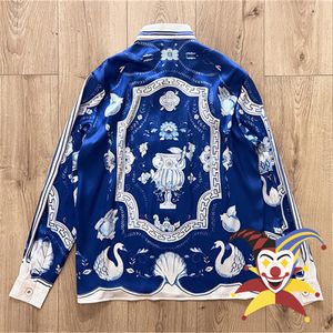 Mens Casual Shirts Pearl Swan Casablanca Shirt Womens Quality Blue Long Sleeve Hawaiian Beach Silk 230718