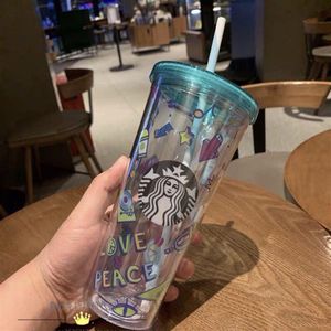 500 ML Cute Sakura Starbucks Cup plástico duplo com canudos Material PET para crianças, adultos e meninas para produtos de presente 1965