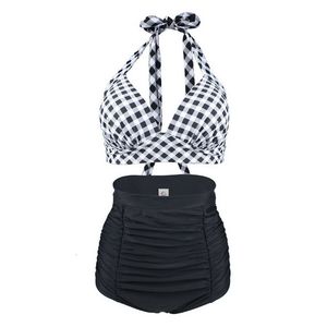 Fato de banho feminino tamanho grande conjunto de biquíni frente única cintura alta maiô push up xadrez vintage sexy praia maiô retrô XXL XXXL 230719