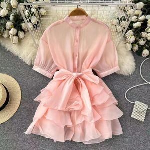 Women's Blouses DALMAZZO Designer Summer Organza Lace Up Ruffles Shirt Tops Women Stand Neck Single-Breasted Loose Chic Female 2023