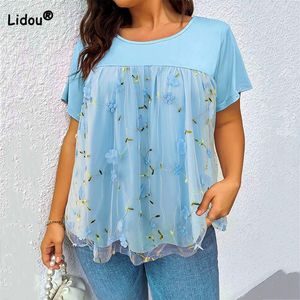 Women's Plus Size T-Shirt Spring Summer Lace Splice Straight T-shirt Women's Sweet Fresh O-Neck Floral Printed Short Sleeve Gauze Plus Size Mid Tops 230719