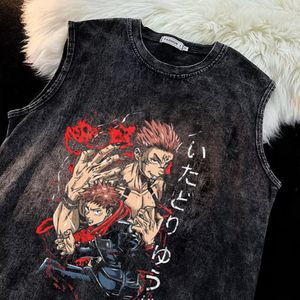 Designer Herren T-Shirts Jujutsu Kaisen gewaschener T-Shirt ärmelloses Weste Anime Gojo Satoru T-Shirt Itadori Megumi Baumwolle T-Shirt Harajuku Kurzärmeled Y2K Tops 9551