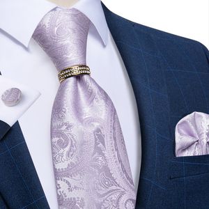 Halsband Luxur Designer Light Purple Paisley Solid Silk Tie med ringrandiga bröllopstillbehör för män Handkakor Manschettknappar Gift 230719