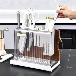 Kitchen Storage Clear Plastic Knife Block Cutting Board Holder Cutlery Drying Rack With Drain Tray Multifunctional Utensils Organizer