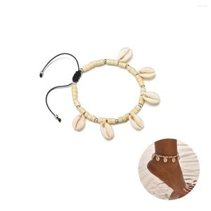 Tornozeleiras Trendy Pure White Shell Tornozeleira Rice Seed Frisada Praia Retrátil Tecido Corda Pés Corrente Impermeável Bohemian Summer Body Jewelry