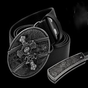 Novel Cowskin Leather Belt Delicate Personality Belt Buckle Pattern Scorpion Lucky Cross med Active Defense Knisfe334C