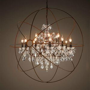 Foucault's Orb Clear K9 Crystal Chandelier Rustic Iron Globe Suspension Handing Lamp New Loft Industrial for Living Room PA012340