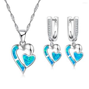 Necklace Earrings Set Fashion Romantic Double Heart Imitation Blue Fire Opal Pendant For Women Wedding Band Jewelry Accessories