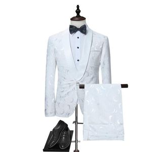 Men's Suits & Blazers Mens White Rose Print With Pants Wedding Groom 2 Piece Suit Jacket Pant Men Stage Singer Prom Costume2872