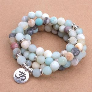 Beaded Strands Fashion Women's Bracelet Matte Frosted Amazonite Beads With Lotus OM Buddha Charm Yoga 108 Mala Necklace Drop1255n