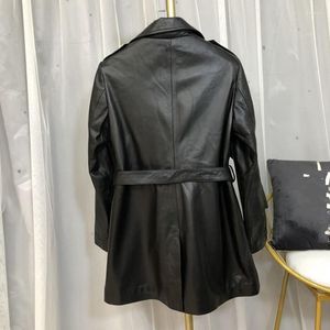 Couro feminino outono moda jaquetas compridas genuínas cintura ajustável conciso preto gola virada para baixo escritório senhora elegante casaco