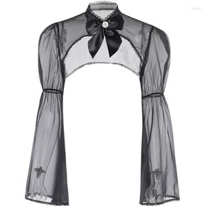 Damenjacken, schwarzes transparentes Netz mit Schleifen, ausgestellte Ärmel, kurze Damen-Cosplay-Sweet-Lolita-Mantel, Vintage-Gothic-Jacke, sexy Steampunk