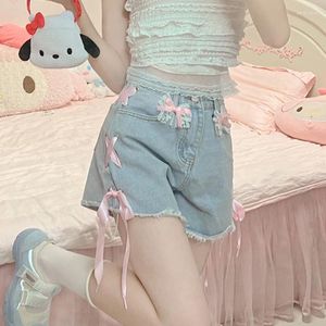 Kvinnors shorts 2023 sommar söt lolita korta byxor kvinnor koreansk stil rosa spets bandage jeans flickor kawaii hög midja casual båge denim