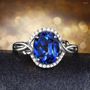 Cluster Anéis Clássico Azul Royal Cristal Safira Pedras Preciosas Diamante Para Mulheres Ouro Branco Cor Prata Jóias de Luxo Bijuteria Bague Presente