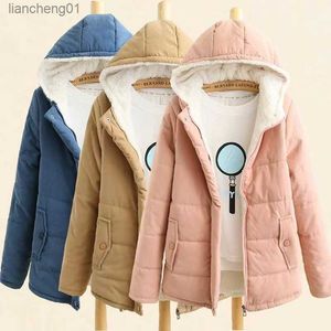 Autumn Winter Women's Clothing New Korean Version Flocking Tjocken College Wind Lång ärm Huva Bomullsskadad Löst jacka L230619