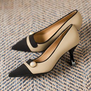 Dress Shoes Pearl Color-Blocking Single Women's Pumps 2023 Pointy Stiletto High Heels Ladies Casual Career Work