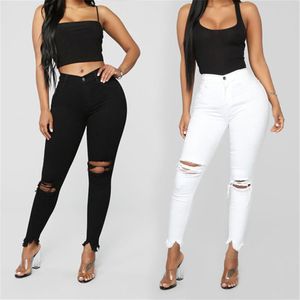 Черно-белые разорванные джинсы для женщин Тонкие джинсовые джинсы повседневные узкие карандашные брюки модная женская одежда плюс размер S-3XL2417