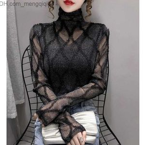 Kadın Örgüleri Tees Sonbahar ve Kış Kore Yüksek Yakası Uzun Kollu Mesh Parlak İpek Sin Slim Basic Üstü Kadın Moda Zarif ve Eşsiz Fermuar T-Shirt Z230719