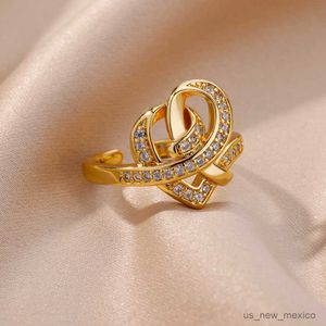 Band Rings Zircon Heart Knot Rings For Women Gold Plated Stainless Steel Heart Open Ring Femme Wedding Party Accessories Jewelry Gift R230804