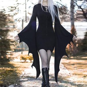 Casual Kleider Halloween Gothic Frauen Kleid Flare Langarm Hohe Taille 2023 Goth Cosplay Kostüme Sexy Slim Party Club Robe