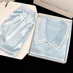 Women's Sleepwear Soft Silk Satin Pajamas Set For Women Lapel Short Sleeve Shorts Two Piece Loungewear Ladies