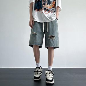 Herr jeans mode rippade denim shorts lösa high street mid-bants sommar tunna casual fempunkt byxor manliga kläder