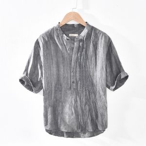 Camicie casual da uomo Camicia traspirante in tessuto di lino da uomo in stile giapponese a maniche corte Oneck abbigliamento casual top 230718