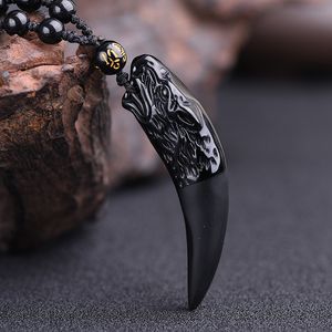 Hänghalsband 100% Crystal Natural Obsidian Wolfs Tooth Pendant Tooth Lucky Amulet and Hyperbol Punk Necklace Lucky Win Halsband 230719