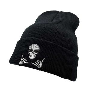Beanie/Skull Caps Winter Embroidery Skull Gestures 66 Acrylic Knit Beanies Hat for Men Women Outdoor Mountaineering Warming Cold Caps Youth W193 J230719