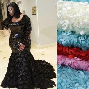 Glitter Black Mermaid Prom Dresses Long Sleeves Plus Size Special Occasion Dress Sparkly Sequins 3D Floral Appliques Evening Party256f