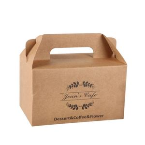 OEM DIY Custom Fast Food Printing Folding Food Grade Coffee Dessert Cake Packing Box Gable Portable Handle Brown Craft Paper Take 259e